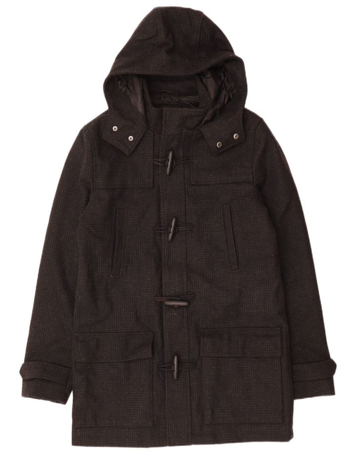 VINTAGE Duffle Coat à capuche pour homme UK 38 pied-de-poule noir moyen