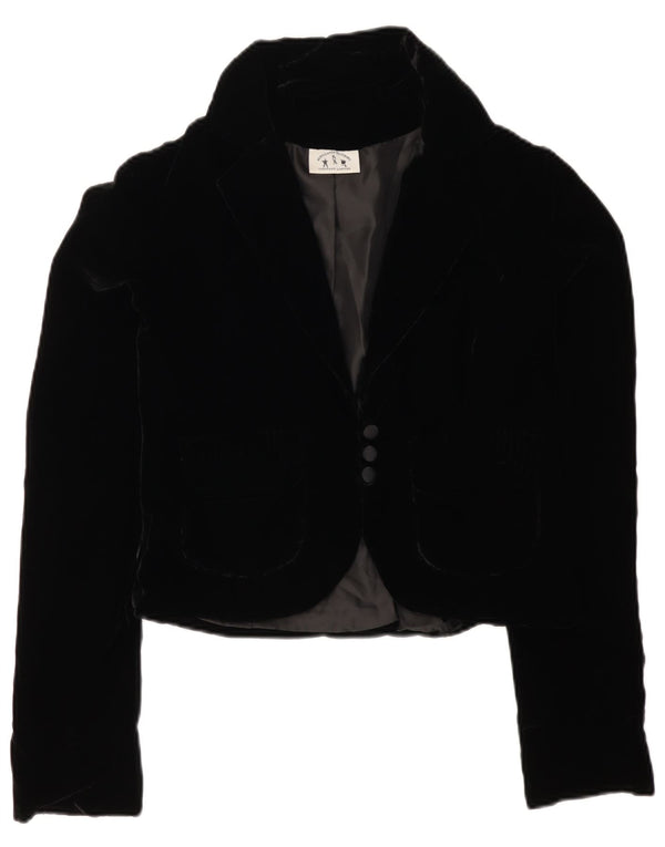 VINTAGE Veste blazer en velours à 3 boutons pour femme UK 12 Noir moyen