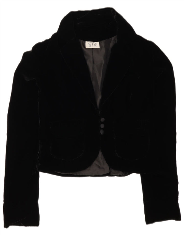 VINTAGE Veste blazer en velours à 3 boutons pour femme UK 12 Noir moyen