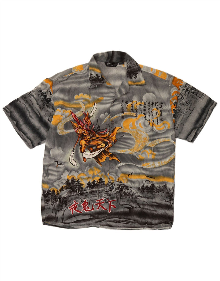 VINTAGE Chemise graphique à manches courtes pour homme en soie gris moyen