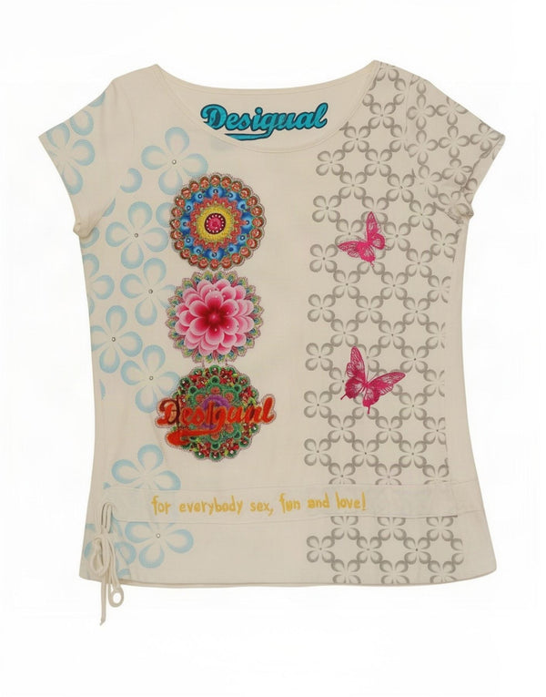 Desigual T-shirt graphique pour femme UK 20 2XL Blanc Floral Papillon