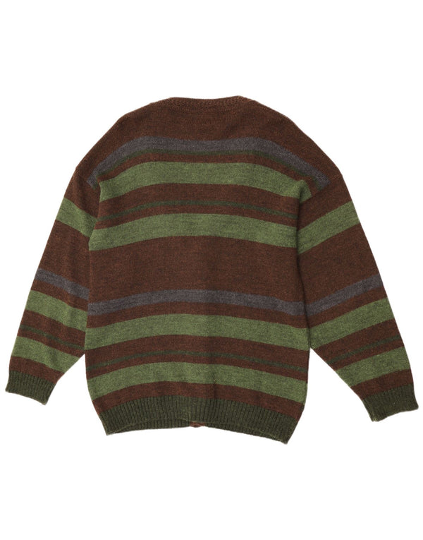 vintage Mens Cardigan Pull Grand Marron Rayé Acrylique