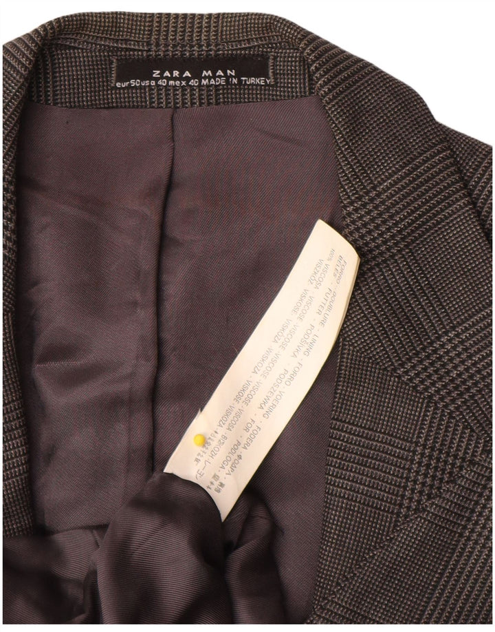 ZARA Veste Blazer 2 Boutons Homme EU 50 Gris Moyen Pied-de-Poule Viscose