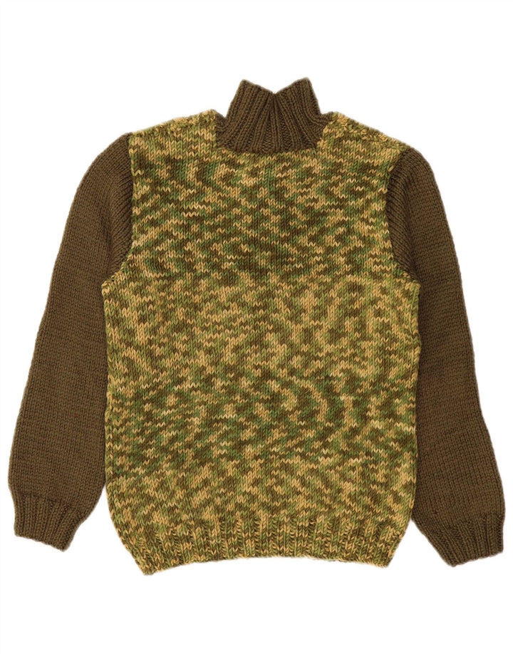 vintage Femme Bouton Neck Jumper Pull UK 14 Medium Kaki Colourblock