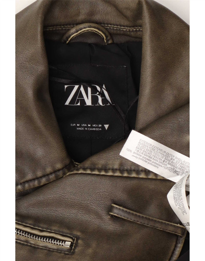 Zara Veste de motard courte en similicuir pour femme UK 14 Kaki moyen Polyester