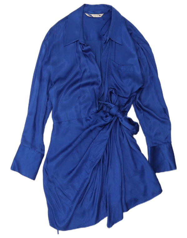 Zara Robe portefeuille à manches longues pour femme UK 44 Bleu moyen Viscose