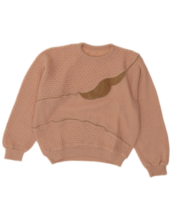 vintage Womens Graphic Crew Neck Jumper Pull UK 14 Acrylique Rose Moyen