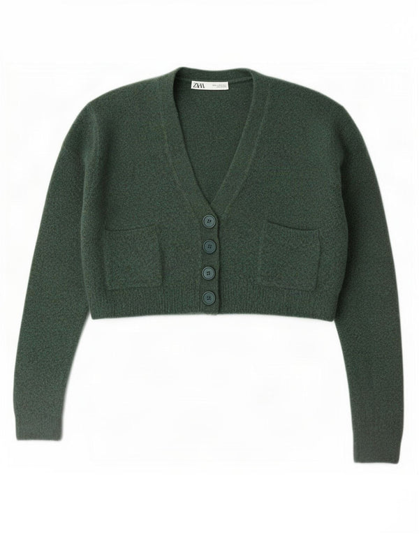 Zara Womens Loose Fit Crop Cardigan Pull UK 10 Petit Acrylique Vert