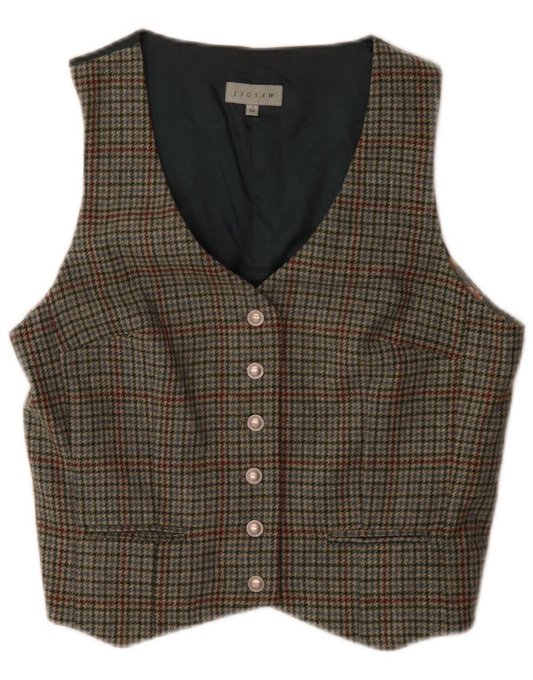 Jigsaw Gilet Femme UK 44 Moyen Vert Pied-de-Poule Laine Classique
