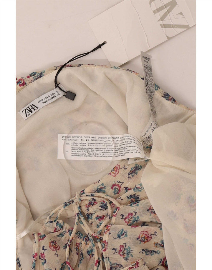 Zara Femme Haut Sans Bretelles UK 8 Petit Polyester Floral Beige