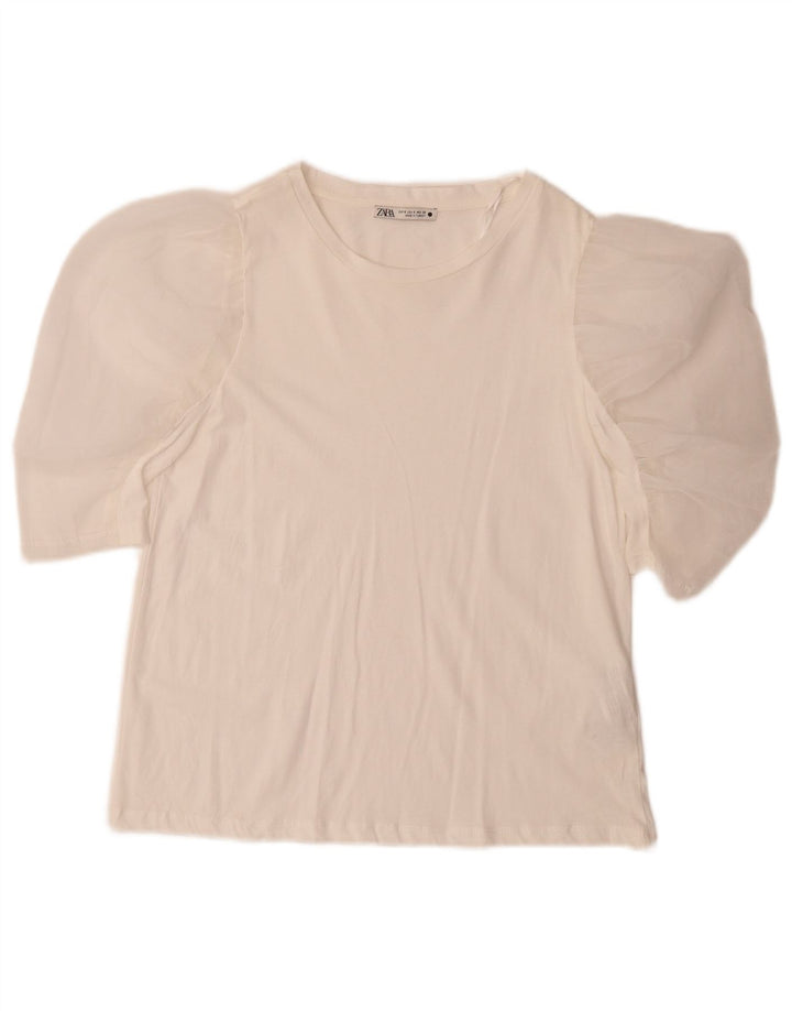 Zara Femme Chemisier Top UK 10 Petit Coton Blanc