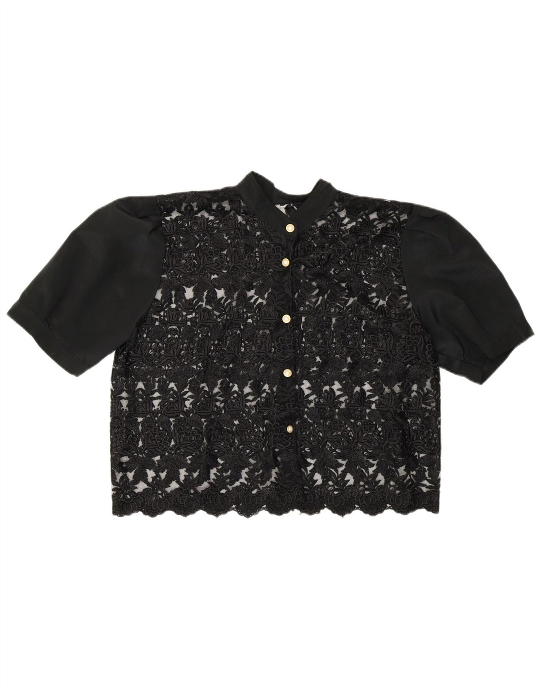 vintage Womens Crop Voir à travers la chemise Blouse UK 14 Moyen Noir Floral