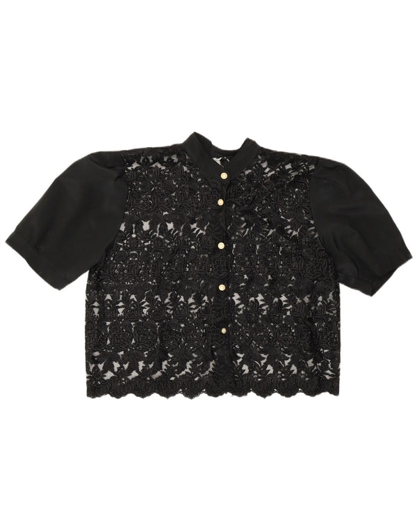 vintage Womens Crop Voir à travers la chemise Blouse UK 14 Moyen Noir Floral