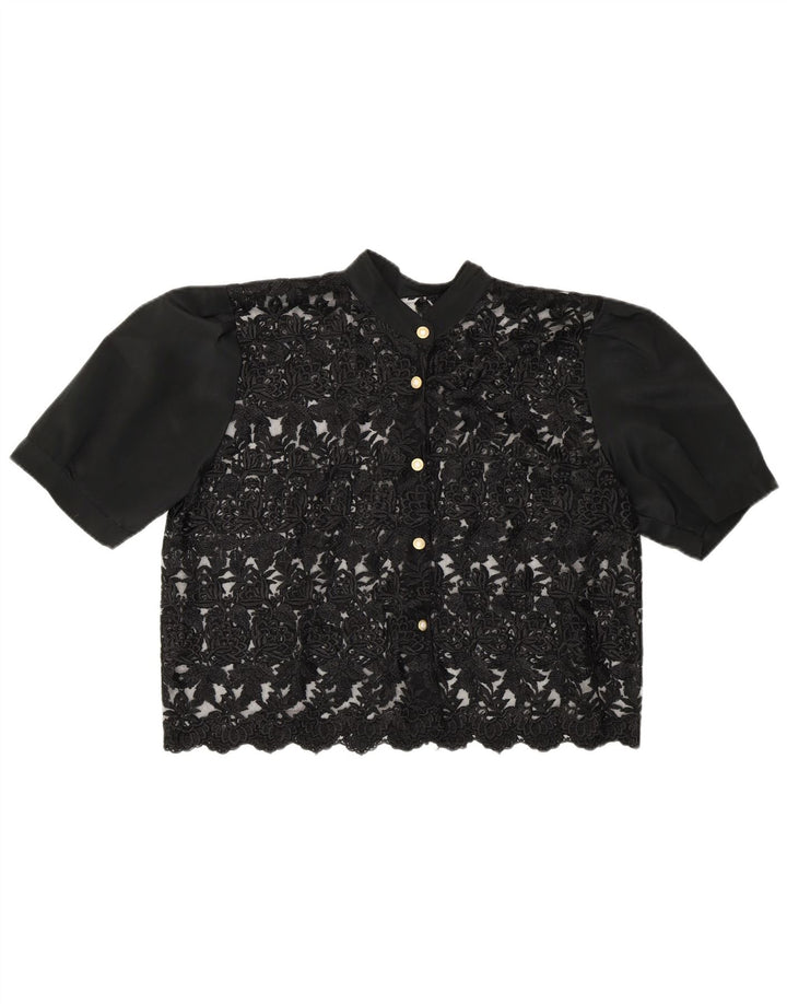 vintage Womens Crop Voir à travers la chemise Blouse UK 14 Moyen Noir Floral