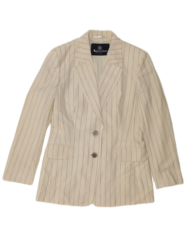 AQUASCUTUM Veste blazer à 2 boutons pour femme UK 10 Petite laine blanche à fines rayures