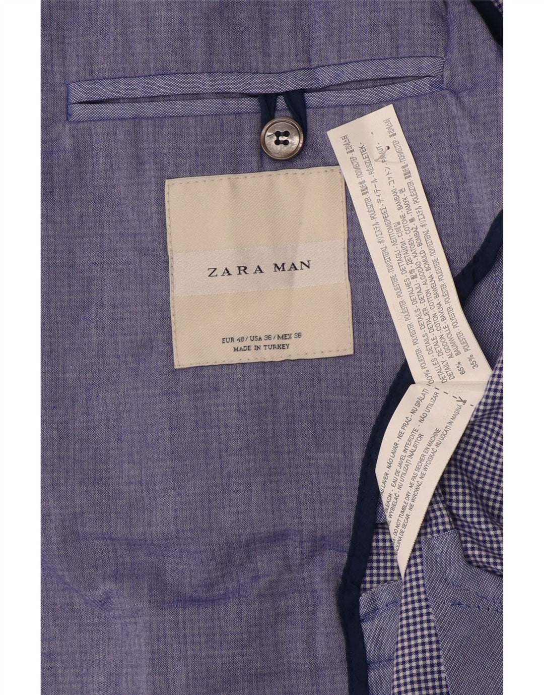 Zara Veste Blazer 2 Boutons Homme EU 48 Bleu Moyen Polyester