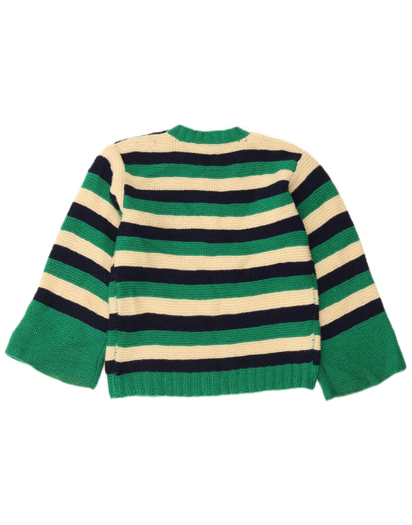 vintage Womens Crew Neck Jumper Pull UK 10 Petit Vert Rayé