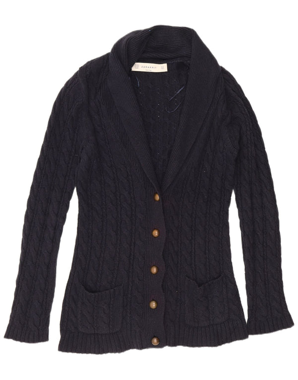 Zara Femme Cardigan Pull UK 14 Moyen Bleu Marine Coton