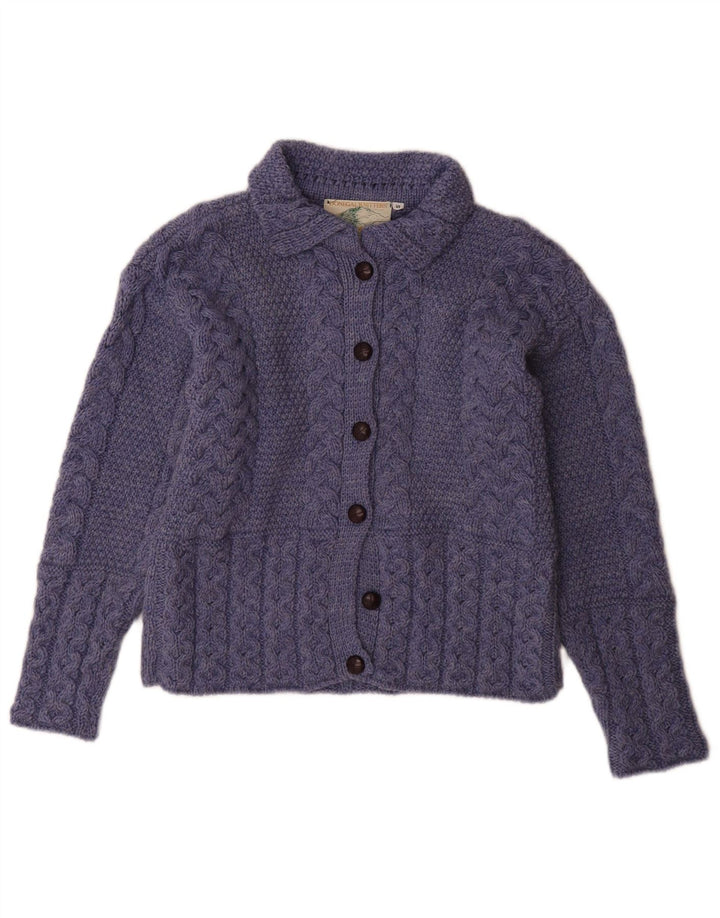 DONEGAL Cardigan Femme Pull UK 10 Petit Bleu Laine Vierge