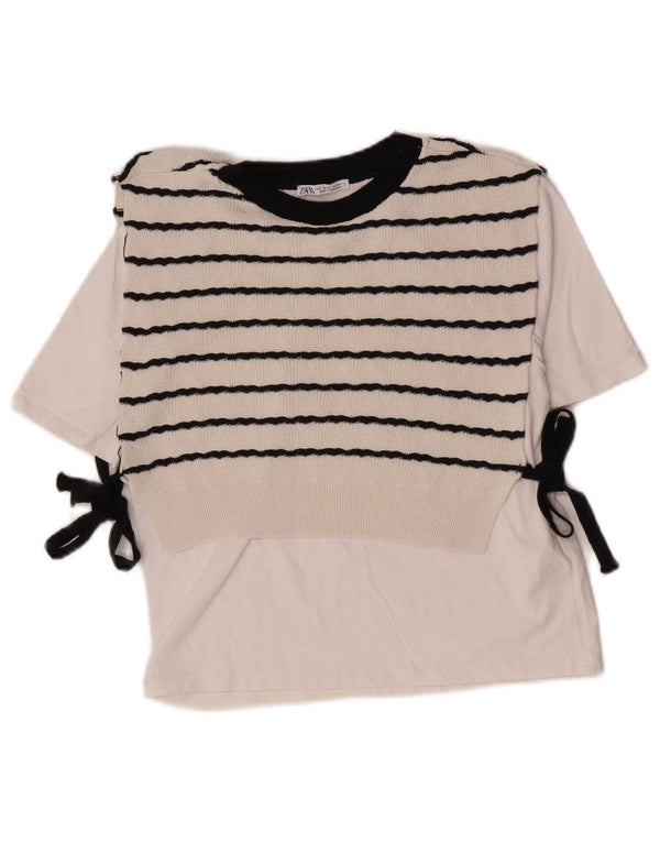 Zara Womens Crop Blouse Top UK 10 Petit coton rayé blanc