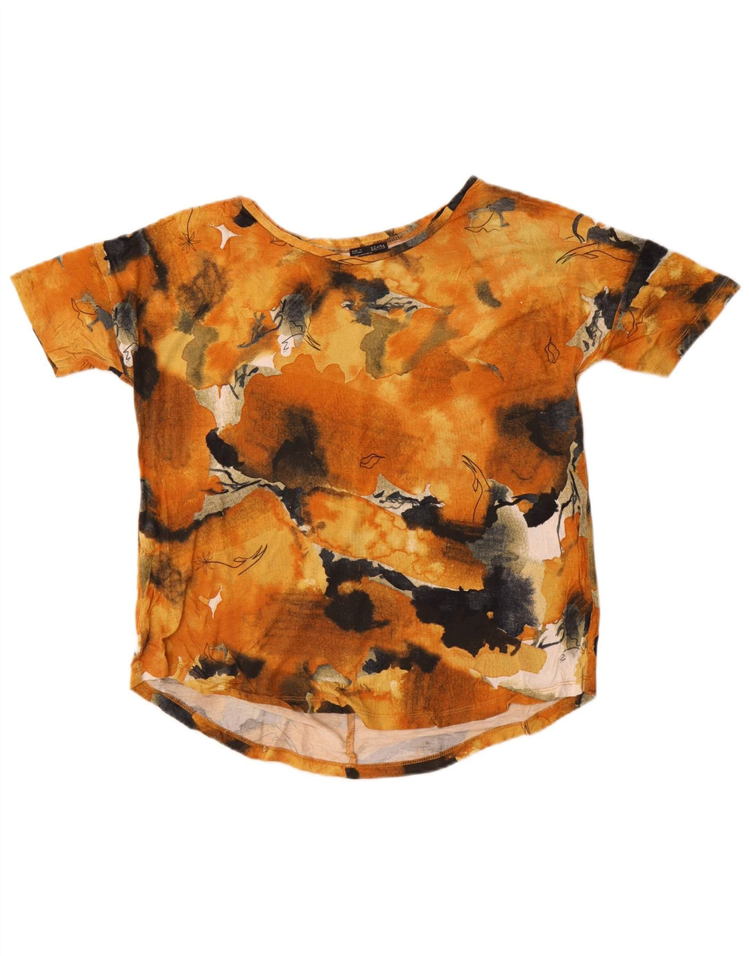 Zara T-shirt à motif abstrait pour femme UK 14 Viscose florale orange moyen