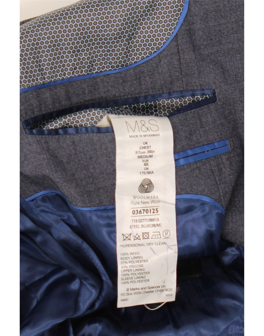 Marks & Spencer Veste blazer à 1 bouton pour homme UK 38 Bleu moyen Laine