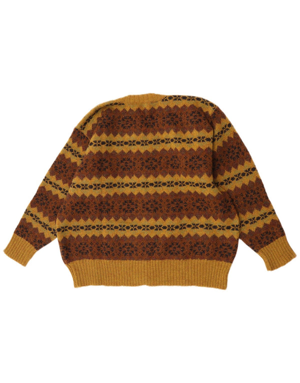 vintage Femme Cardigan Pull UK 16 Grand Brun Fair Isle