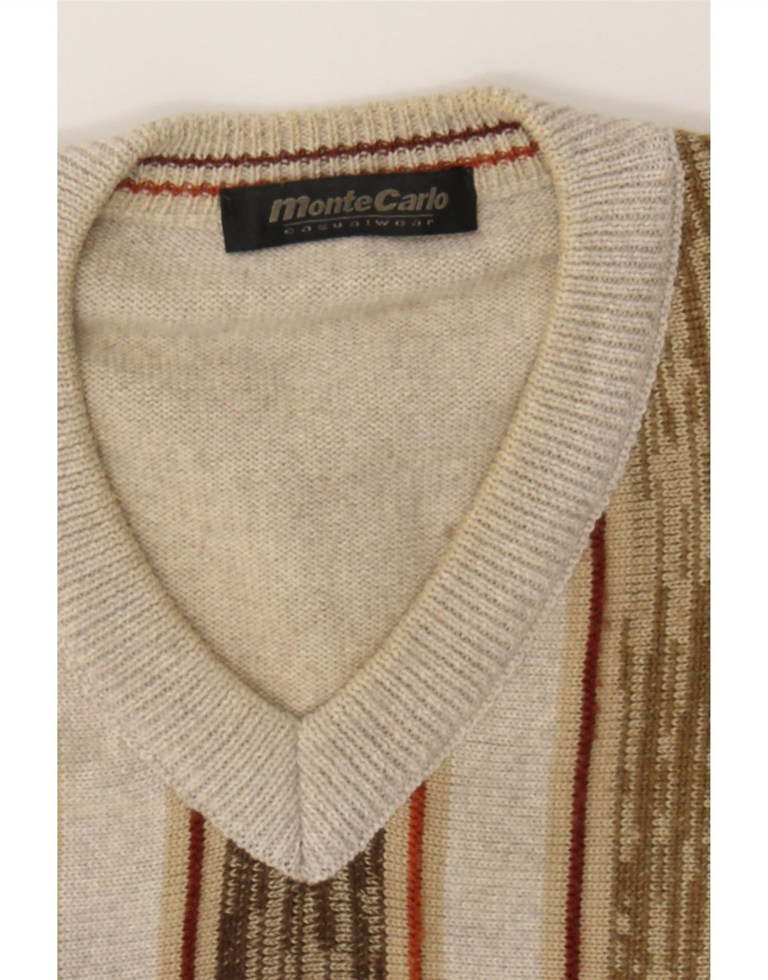 MONTE CARLO Mens Morris V-Neck Jumper Sweater Medium Beige Striped Wool Vintage Monte Carlo and Second-Hand Monte Carlo from Messina Hembry 