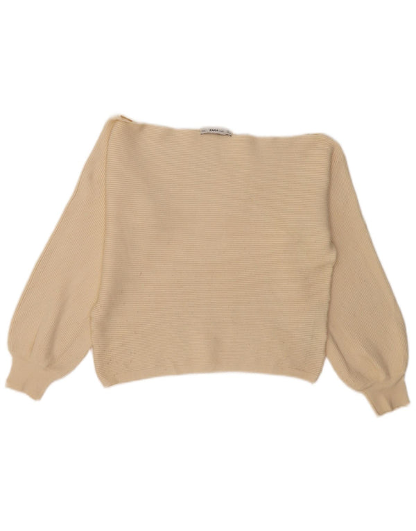 Zara Pull court à col bateau pour femme UK 16 Large en viscose blanc cassé