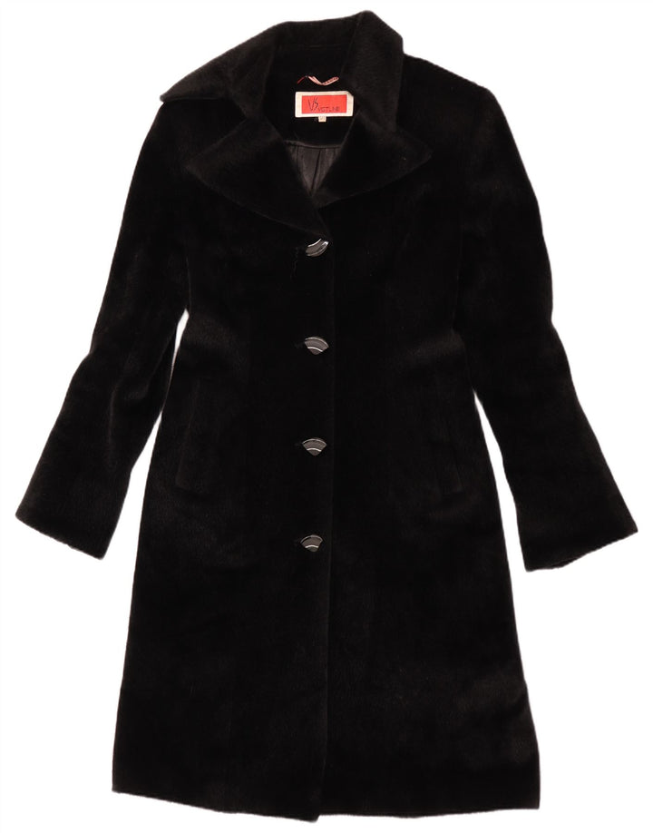 vintage Femme Fausse Fourrure Pardessus IT 42 Moyen Noir Polyester