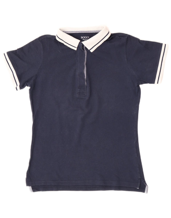 Boggi Womens Rugby Polo Shirt UK 12 Medium Navy Blue Colourblock Cotton