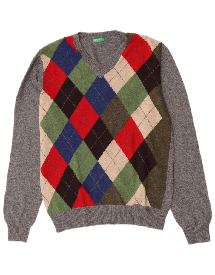 Benetton Pull col V Homme Gris Moyen Argyle/Diamant Laine