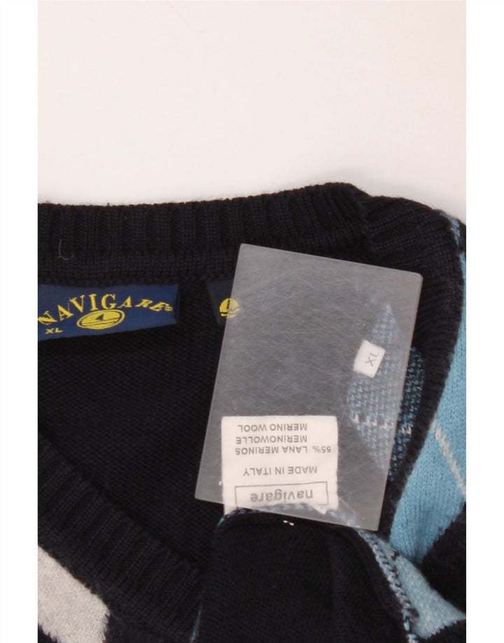 NAVIGARE Pull col V Homme XL Bleu Marine Argyle/Diamant