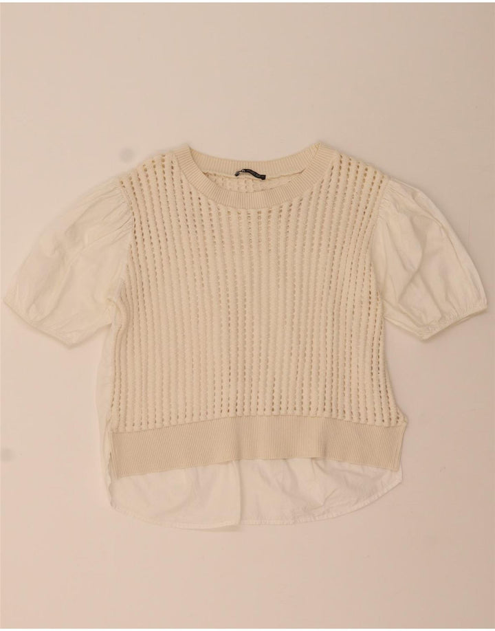 Zara Womens Crochet Blouse Top UK 14 Moyen Blanc Coton