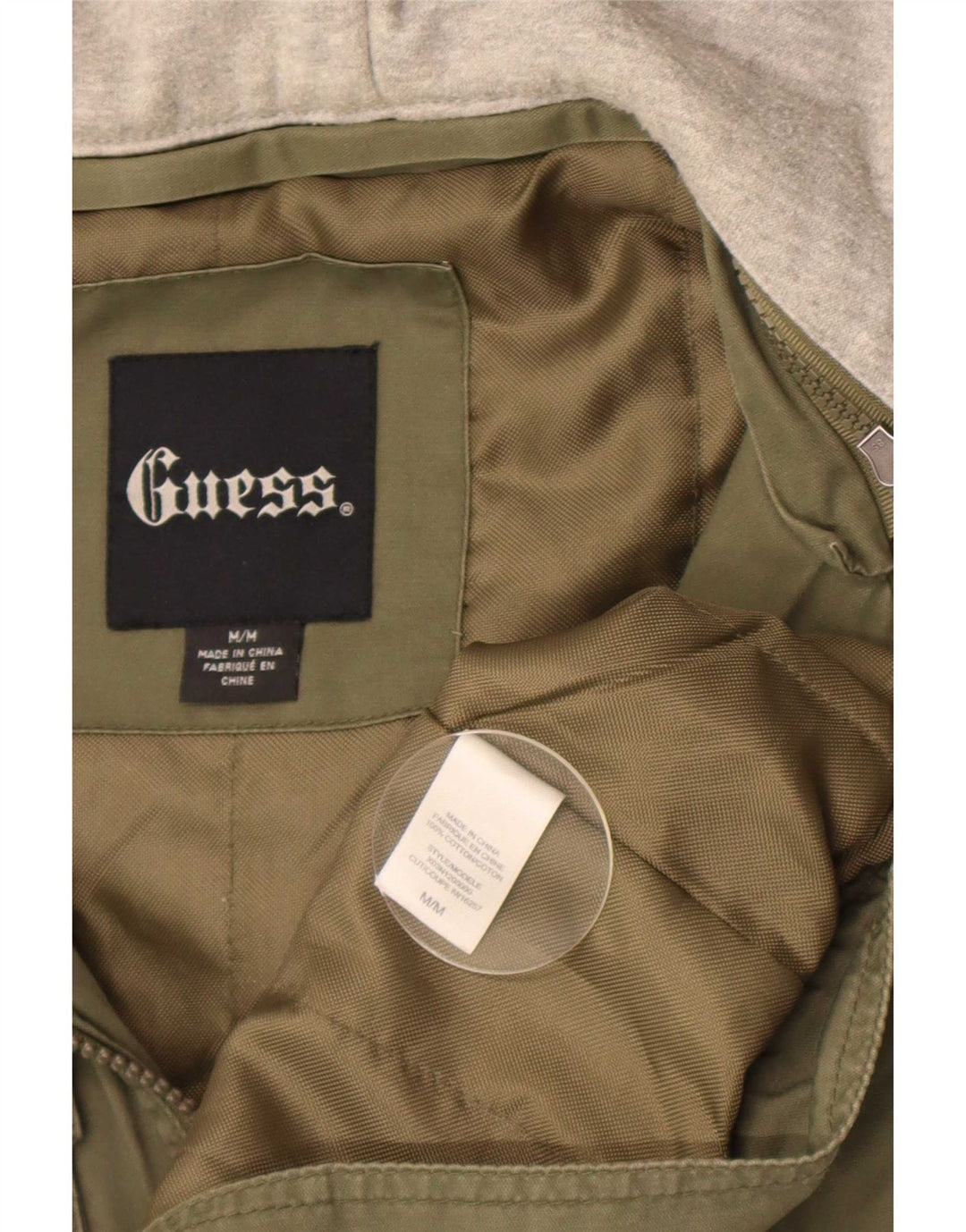 Guess Veste utilitaire à capuche graphique pour homme UK 38 Kaki moyen colour block