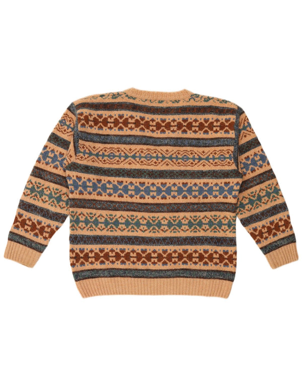 vintage Mens V-Col Jumper Pull Grande Beige Fair Isle Laine