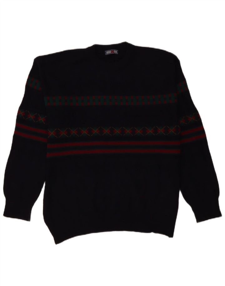 VINTAGE Homme Col Roulé Pull Pull IT 50 Grand Bleu Marine Géométrique