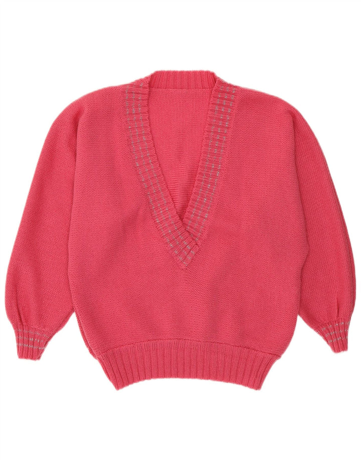 VINTAGE Pull col V femme UK 14 Rose moyen