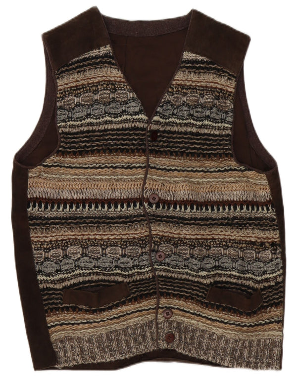 vintage Mens Cardigan sans manches Pull Petit Marron Rayé