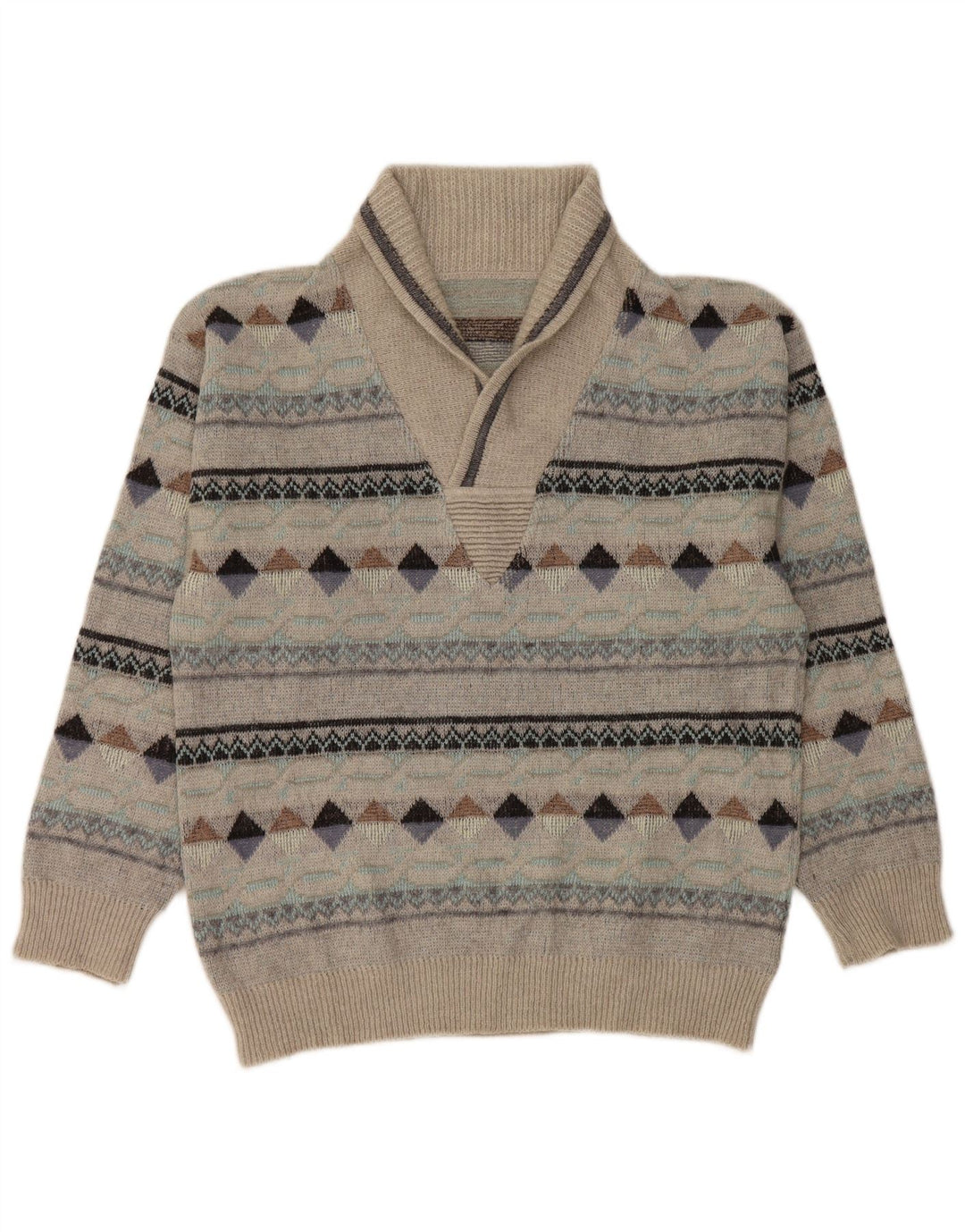 vintage Homme Col Châle Pull Pull IT 50 Gris Moyen Argyle/Diamant