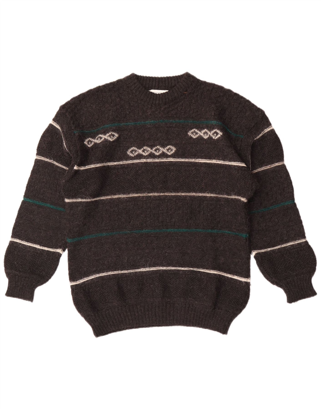 vintage Mens Crew Neck Jumper Pull Moyen Gris Rayé Laine