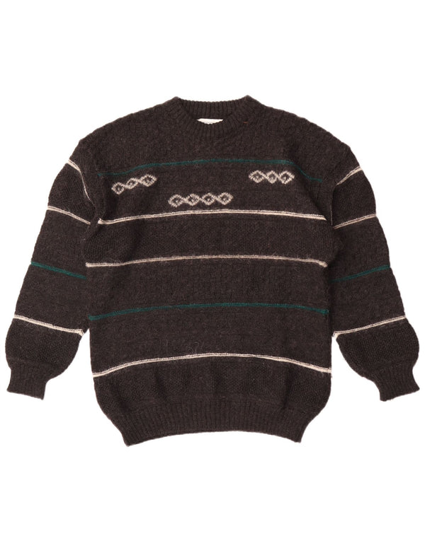 vintage Mens Crew Neck Jumper Pull Moyen Gris Rayé Laine