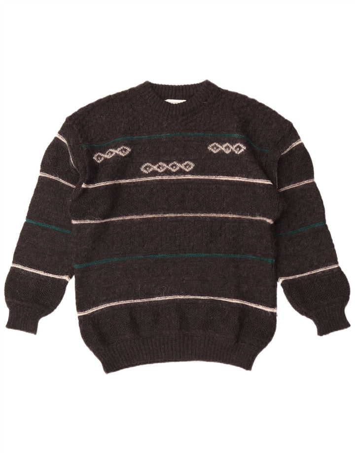 vintage Mens Crew Neck Jumper Pull Moyen Gris Rayé Laine
