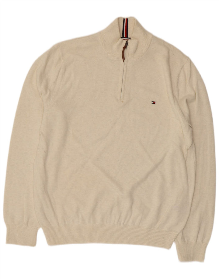 TOMMY HILFIGER Pull à col zippé pour homme Large en coton blanc cassé