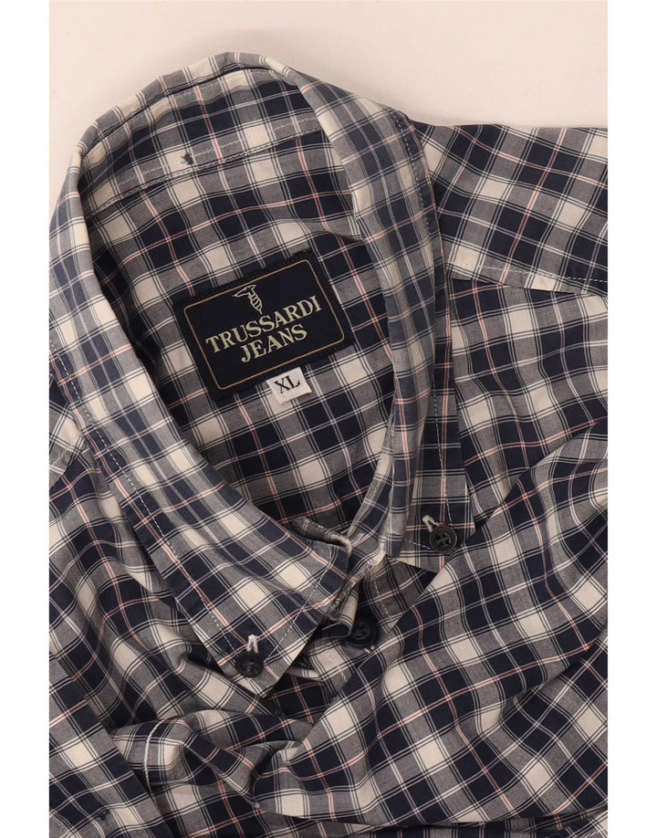 Trussardi Jeans Mens Short Sleeve Shirt XL Navy Blue Check