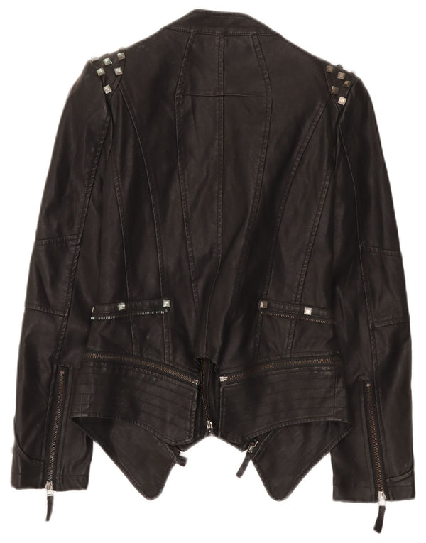 veste de motard en cuir femme vintage UK 10 Petit Noir