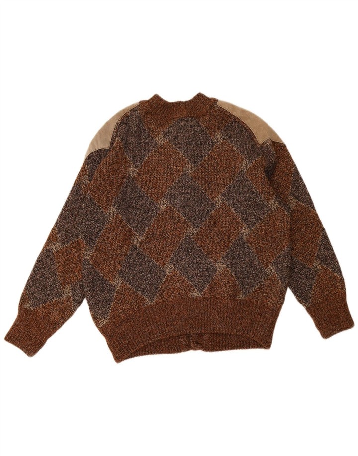 vintage Mens Cardigan Pull Moyen Brun Argyle/Diamant