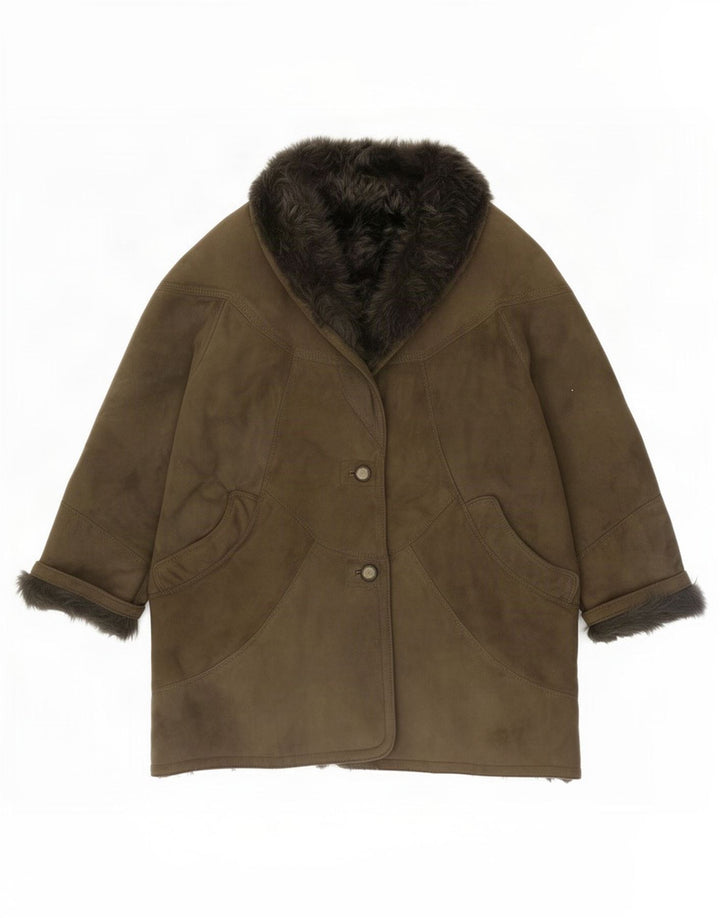 vintage Femme Manteau en peau de mouton surdimensionné EU 46 XL Kaki