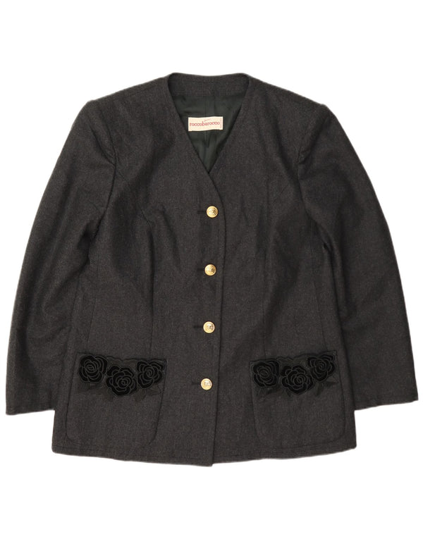 Roccobarocco Veste Blazer 4 Boutons Femme UK 14 Laine Florale Gris Moyen