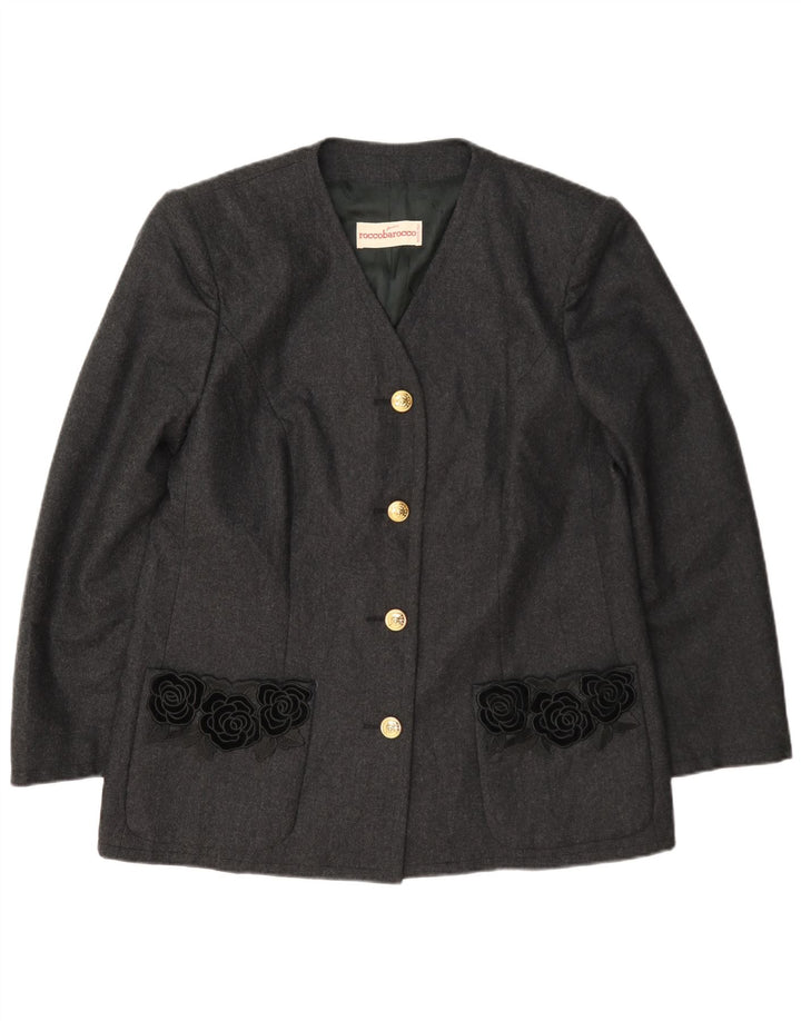 Roccobarocco Veste Blazer 4 Boutons Femme UK 14 Laine Florale Gris Moyen
